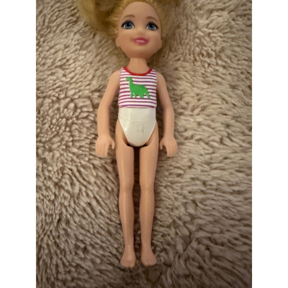 Mattel Barbie Chelsea Doll Blonde Blue Eyes Dinosaur Striped Swimsuit 2016 - Picture 2 of 6